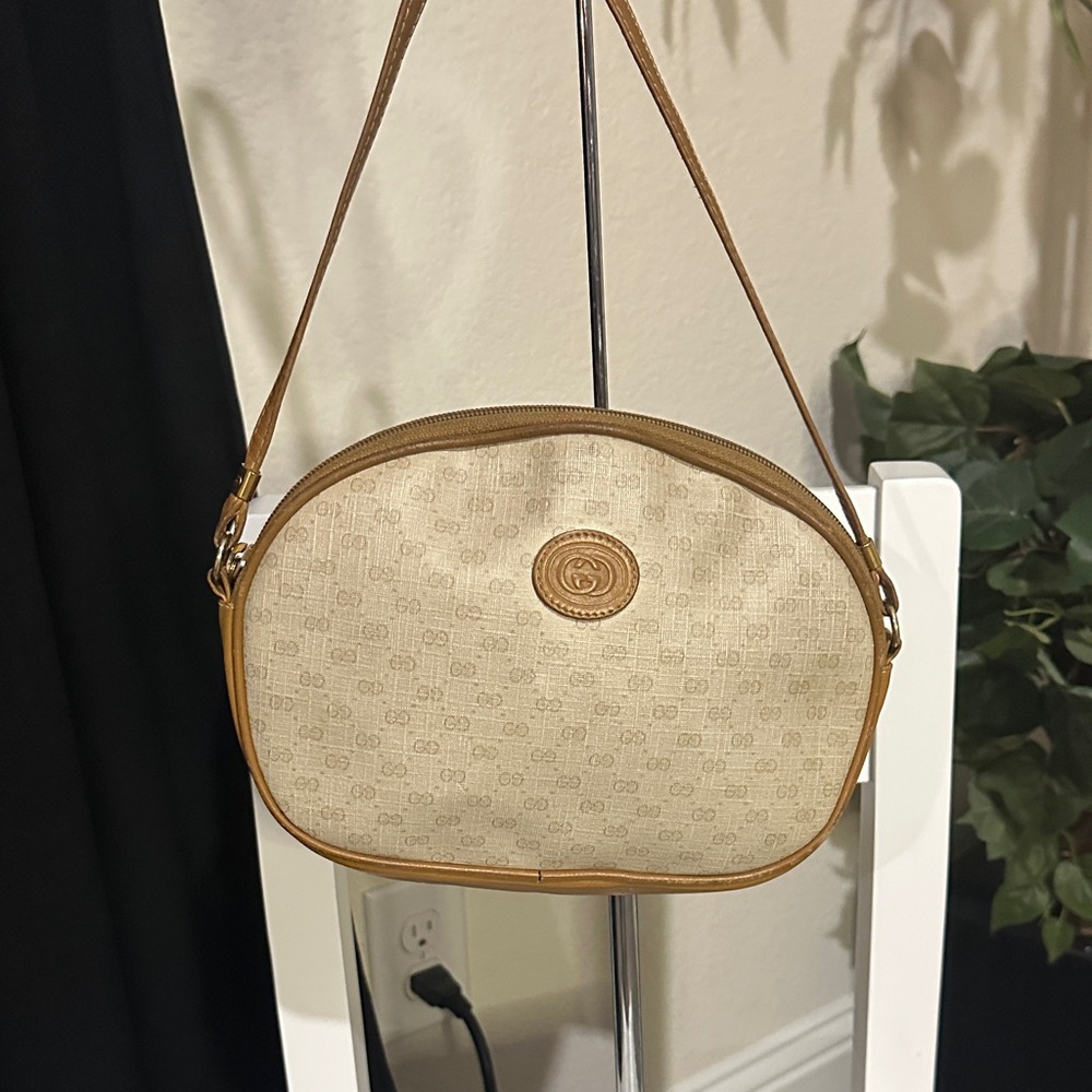 Gucci Beige Canvas Oval Shoulder Bag with Tan Leather Trim